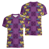 Hawaii Waikiki King Women V-Neck T-Shirt Purple Quilt With Pua Manu