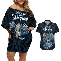 Personalised Polynesia Go Surfing Couples Matching Off Shoulder Short Dress and Hawaiian Shirt The Pacific Wave Of Water LT05 Blue - Polynesian Pride