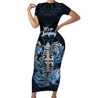 Personalised Polynesia Go Surfing Short Sleeve Bodycon Dress The Pacific Wave Of Water LT05 Long Dress Blue - Polynesian Pride