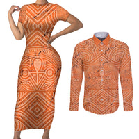 Personalised Lapita Culture Couples Matching Short Sleeve Bodycon Dress and Long Sleeve Button Shirt Iconic Double Face Pattern LT05 Brown - Polynesian Pride