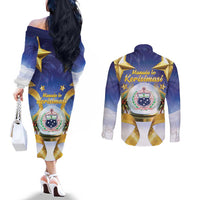 Samoa Christmas Couples Matching Off The Shoulder Long Sleeve Dress and Long Sleeve Button Shirt Snow Globe With Samoan Santa - Polynesian Pride