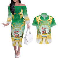 Cook Islands Christmas Couples Matching Off The Shoulder Long Sleeve Dress and Hawaiian Shirt Seashell Santa Beach Vibes - Polynesian Pride