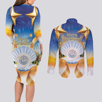 Marshall Islands Christmas Couples Matching Long Sleeve Bodycon Dress and Long Sleeve Button Shirt Seashell Santa Beach Vibes LT05 - Polynesian Pride