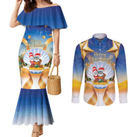 Marshall Islands Christmas Couples Matching Mermaid Dress and Long Sleeve Button Shirt Seashell Santa Beach Vibes LT05 Navy - Polynesian Pride