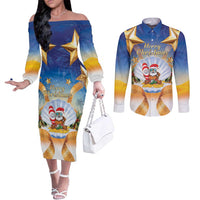 Marshall Islands Christmas Couples Matching Off The Shoulder Long Sleeve Dress and Long Sleeve Button Shirt Seashell Santa Beach Vibes LT05 Navy - Polynesian Pride