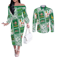 Norfolk Island Christmas Couples Matching Off The Shoulder Long Sleeve Dress and Long Sleeve Button Shirt Festive Beach Vibes - Polynesian Pride