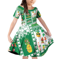 Norfolk Island Christmas Family Matching Off Shoulder Short Dress and Hawaiian Shirt Festive Beach Vibes LT05 Daughter's Dress Green - Polynesian Pride
