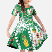 Norfolk Island Christmas Family Matching Short Sleeve Bodycon Dress and Hawaiian Shirt Festive Beach Vibes LT05 Daughter's Dress Green - Polynesian Pride