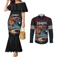 Hawaii Ikaika Couples Matching Mermaid Dress and Long Sleeve Button Shirt Hawaiian Mythic Koa Tribal Warrior LT05 Black - Polynesian Pride