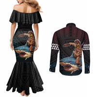 Hawaii Ikaika Couples Matching Mermaid Dress and Long Sleeve Button Shirt Hawaiian Mythic Koa Tribal Warrior LT05 - Polynesian Pride