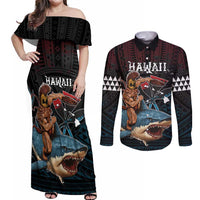 Hawaii Ikaika Couples Matching Off Shoulder Maxi Dress and Long Sleeve Button Shirt Hawaiian Mythic Koa Tribal Warrior LT05 Black - Polynesian Pride
