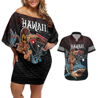 Hawaii Ikaika Couples Matching Off Shoulder Short Dress and Hawaiian Shirt Hawaiian Mythic Koa Tribal Warrior LT05 Black - Polynesian Pride