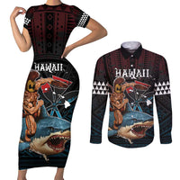 Hawaii Ikaika Couples Matching Short Sleeve Bodycon Dress and Long Sleeve Button Shirt Hawaiian Mythic Koa Tribal Warrior LT05 Black - Polynesian Pride