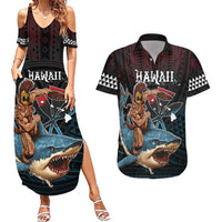 Hawaii Ikaika Couples Matching Summer Maxi Dress and Hawaiian Shirt Hawaiian Mythic Koa Tribal Warrior LT05 Black - Polynesian Pride
