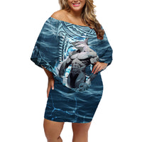Hawaiian Shark God Kamohoalii Family Matching Off Shoulder Short Dress and Hawaiian Shirt Polynesian Style LT05 Mom's Dress Blue - Polynesian Pride