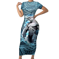 Hawaiian Shark God Kamohoalii Short Sleeve Bodycon Dress Polynesian Style LT05 Long Dress Blue - Polynesian Pride