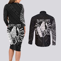 Philippines Tribal Couples Matching Long Sleeve Bodycon Dress and Long Sleeve Button Shirt King Lapu Lapu Black Version