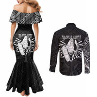 Philippines Tribal Couples Matching Mermaid Dress and Long Sleeve Button Shirt King Lapu Lapu Black Version