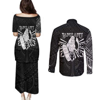 Philippines Tribal Couples Matching Puletasi and Long Sleeve Button Shirt King Lapu Lapu Black Version