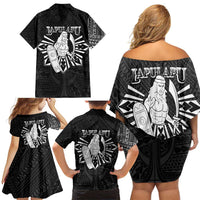 Philippines Tribal Family Matching Off Shoulder Short Dress and Hawaiian Shirt King Lapu Lapu Black Version