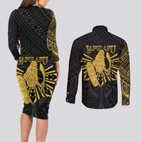 Philippines Tribal Couples Matching Long Sleeve Bodycon Dress and Long Sleeve Button Shirt King Lapu Lapu Gold Version