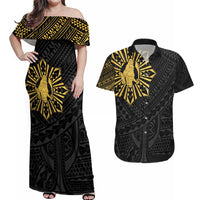 Philippines Tribal Couples Matching Off Shoulder Maxi Dress and Hawaiian Shirt King Lapu Lapu Gold Version