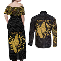 Philippines Tribal Couples Matching Off Shoulder Maxi Dress and Long Sleeve Button Shirt King Lapu Lapu Gold Version