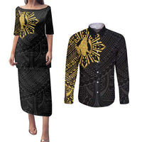 Philippines Tribal Couples Matching Puletasi and Long Sleeve Button Shirt King Lapu Lapu Gold Version