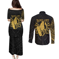 Philippines Tribal Couples Matching Puletasi and Long Sleeve Button Shirt King Lapu Lapu Gold Version