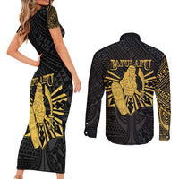 Philippines Tribal Couples Matching Short Sleeve Bodycon Dress and Long Sleeve Button Shirt King Lapu Lapu Gold Version