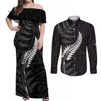Personalised New Zealand Chur Bro Couples Matching Off Shoulder Maxi Dress and Long Sleeve Button Shirt Maori Koru With Silver Fern LT05 Black - Polynesian Pride