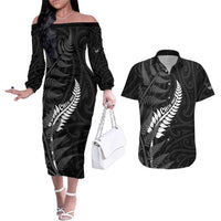 Personalised New Zealand Chur Bro Couples Matching Off The Shoulder Long Sleeve Dress and Hawaiian Shirt Maori Koru With Silver Fern LT05 Black - Polynesian Pride
