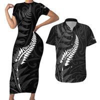 Personalised New Zealand Chur Bro Couples Matching Short Sleeve Bodycon Dress and Hawaiian Shirt Maori Koru With Silver Fern LT05 Black - Polynesian Pride