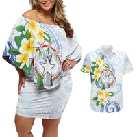 Northern Mariana Islands Chamorro Couples Matching Off Shoulder Short Dress and Hawaiian Shirt Plumeria Curves Style White Version LT05 White - Polynesian Pride