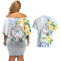 Northern Mariana Islands Chamorro Couples Matching Off Shoulder Short Dress and Hawaiian Shirt Plumeria Curves Style White Version LT05 - Polynesian Pride