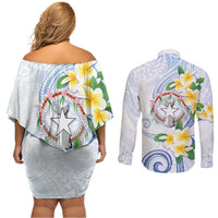 Northern Mariana Islands Chamorro Couples Matching Off Shoulder Short Dress and Long Sleeve Button Shirt Plumeria Curves Style White Version LT05 - Polynesian Pride