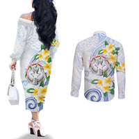 Northern Mariana Islands Chamorro Couples Matching Off The Shoulder Long Sleeve Dress and Long Sleeve Button Shirt Plumeria Curves Style White Version LT05 - Polynesian Pride