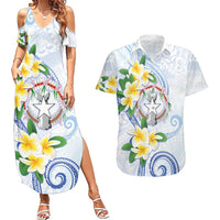 Northern Mariana Islands Chamorro Couples Matching Summer Maxi Dress and Hawaiian Shirt Plumeria Curves Style White Version LT05 White - Polynesian Pride