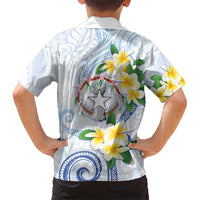 Northern Mariana Islands Chamorro Family Matching Off The Shoulder Long Sleeve Dress and Hawaiian Shirt Plumeria Curves Style White Version