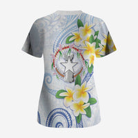 Northern Mariana Islands Chamorro Scrub Top Plumeria Curves Style White Version LT05 - Polynesian Pride