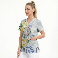 Northern Mariana Islands Chamorro Scrub Top Plumeria Curves Style White Version LT05 - Polynesian Pride