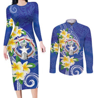 Northern Mariana Islands Chamorro Couples Matching Long Sleeve Bodycon Dress and Long Sleeve Button Shirt Plumeria Curves Style Navy Version LT05 Navy - Polynesian Pride