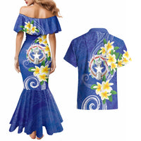 Northern Mariana Islands Chamorro Couples Matching Mermaid Dress and Hawaiian Shirt Plumeria Curves Style Navy Version LT05 - Polynesian Pride