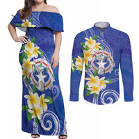 Northern Mariana Islands Chamorro Couples Matching Off Shoulder Maxi Dress and Long Sleeve Button Shirt Plumeria Curves Style Navy Version LT05 Navy - Polynesian Pride