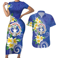 Northern Mariana Islands Chamorro Couples Matching Short Sleeve Bodycon Dress and Hawaiian Shirt Plumeria Curves Style Navy Version LT05 Navy - Polynesian Pride