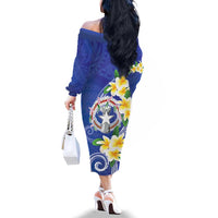 Northern Mariana Islands Chamorro Family Matching Off The Shoulder Long Sleeve Dress and Hawaiian Shirt Plumeria Curves Style Navy Version LT05 - Polynesian Pride