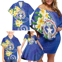 Northern Mariana Islands Chamorro Family Matching Off Shoulder Short Dress and Hawaiian Shirt Plumeria Curves Style Navy Version