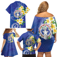 Northern Mariana Islands Chamorro Family Matching Off Shoulder Short Dress and Hawaiian Shirt Plumeria Curves Style Navy Version