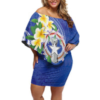 Northern Mariana Islands Chamorro Family Matching Off Shoulder Short Dress and Hawaiian Shirt Plumeria Curves Style Navy Version