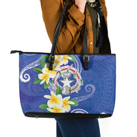 Northern Mariana Islands Chamorro Leather Tote Bag Plumeria Curves Style Navy Version
